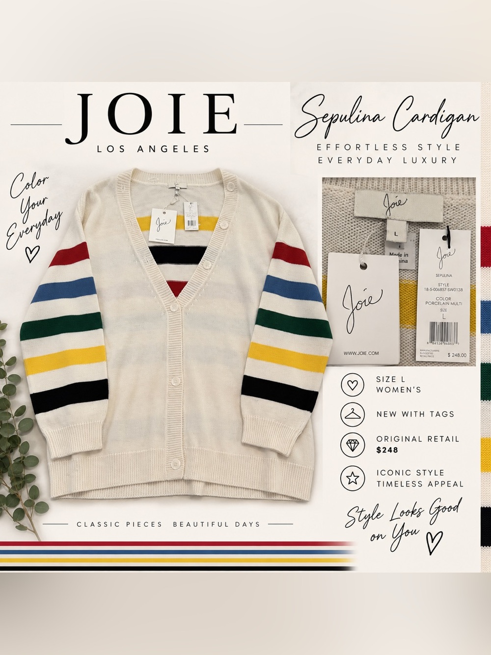 #0391 NWT Joie Sepulina Striped Sleeve Cardigan Sweater Large $248 Retail